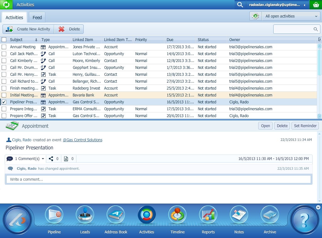 Pipeliner 5 CRM Sales Software Activity Center Main