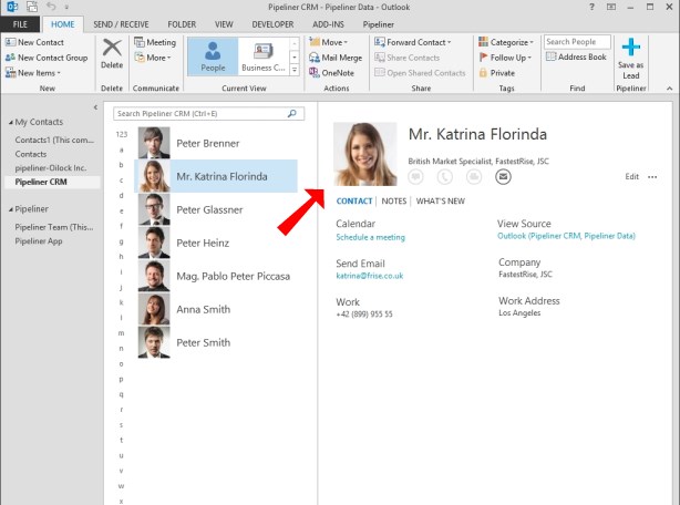 Synced Contact from Pipeliner to MS Outlook